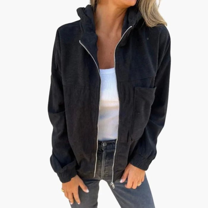 Veste à capuche en velours côtelé pour femme avec fermeture éclair et poche à patch