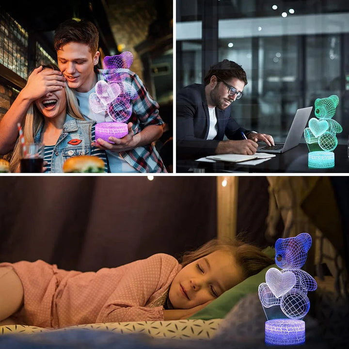 3D-lampa med nalle i akryl, 16 färger och fjärrkontroll, USB