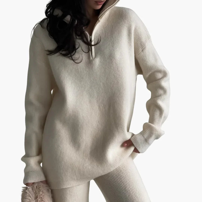 Maglione da donna a coste con collo corto e zip