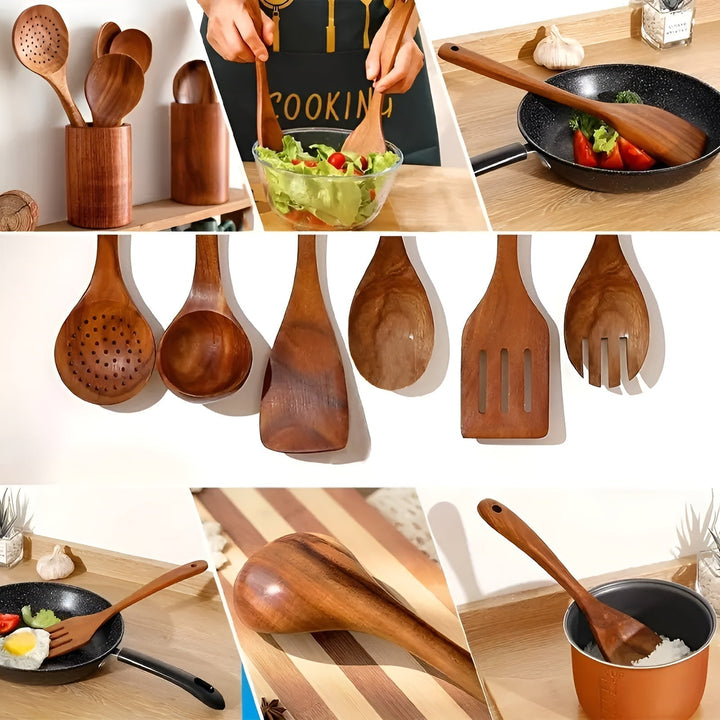 7 Parts Kökredskapssett in Wood - Heat-resistant and Non-stick