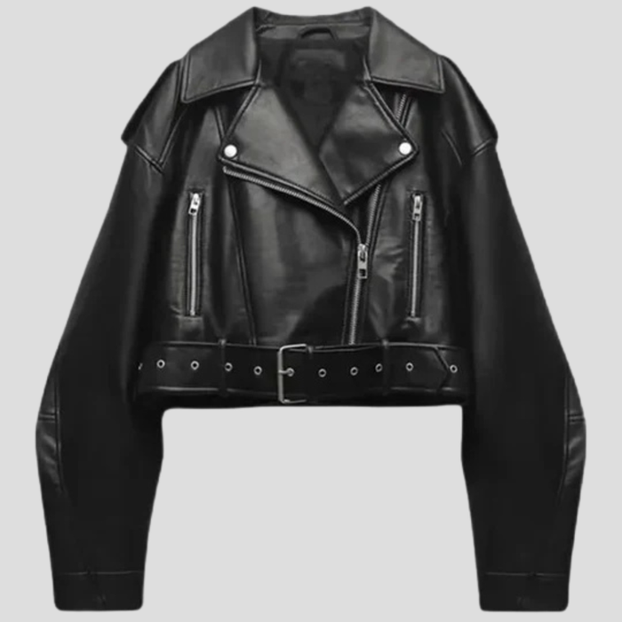 Taillierte Bikerjacke für Damen mit Gürtel und Frontreißverschluss