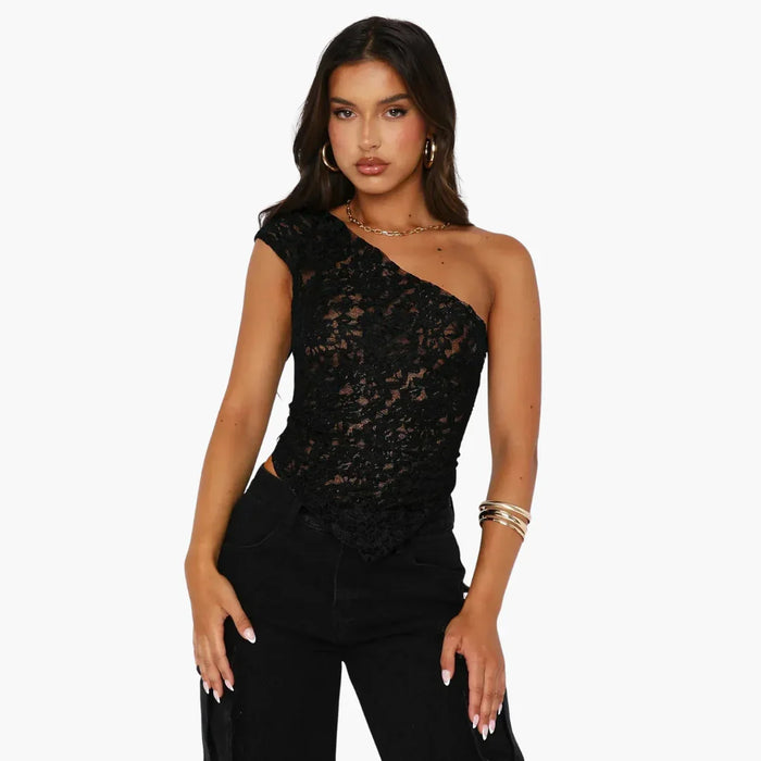 Top monospalla in pizzo da donna, look asimmetrico alla moda