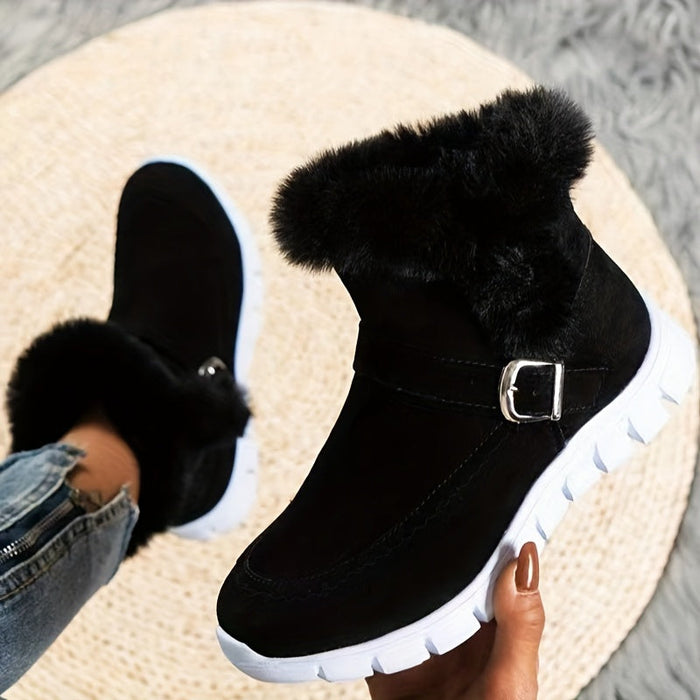 Women's Plush-Trimmed Ankle Boots with Buckle Detail
