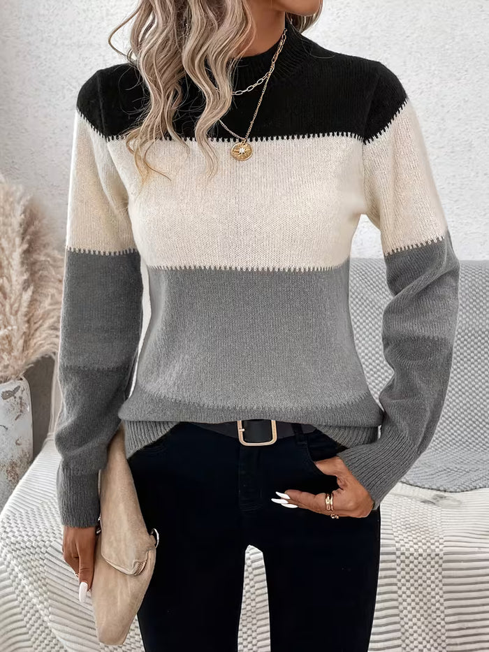 Women's Pullover with Round Neck and Colorblock Design