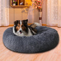 Hund ligger i fluffig rund bädd