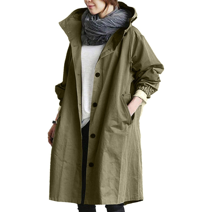 Gabardine impermeável comprido para senhora com capuz e bolsos