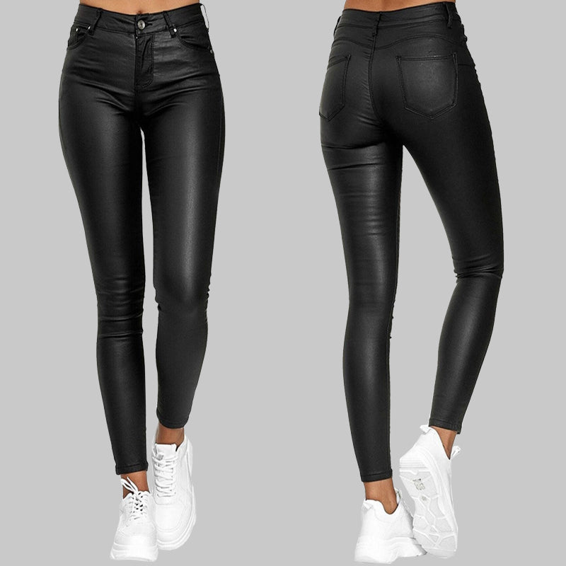 Women's High Waist Skinny Faux Leather Trousers with Stretch