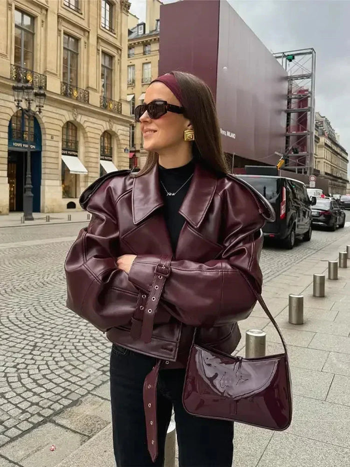 Damen-Motorradjacke mit Gürtel und Reißverschluss vorne
