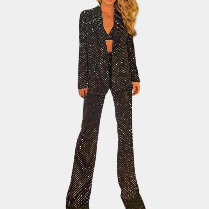 Damen-Paillettenblazer mit Hose, Langarm, V-Ausschnitt