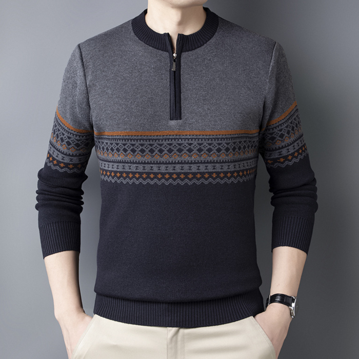Herrtröja med rund hals, färgblock och Fair Isle-mönster