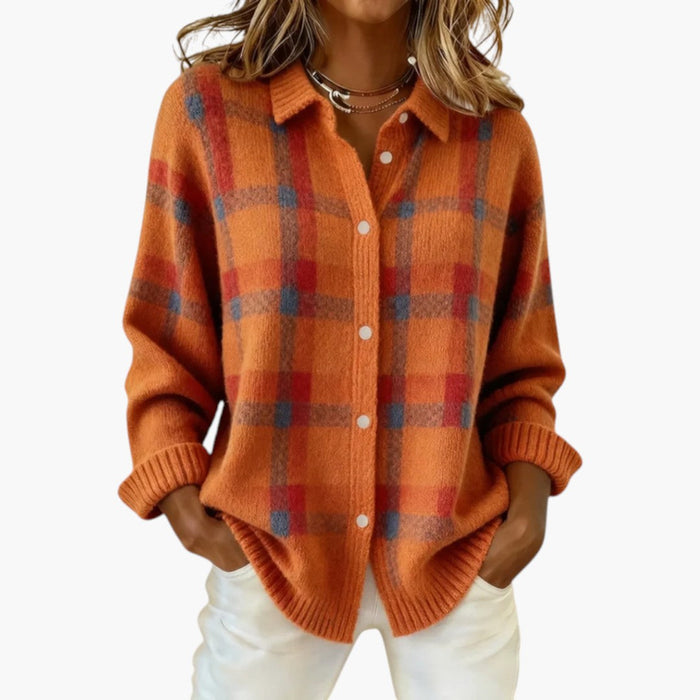 Cardigan pour femme avec fermeture à boutons et motif tricoté à carreaux