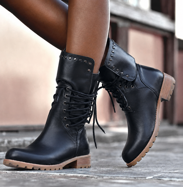 Women's Mid-Calf Combat Boots with Lace-Up and Stud Detail