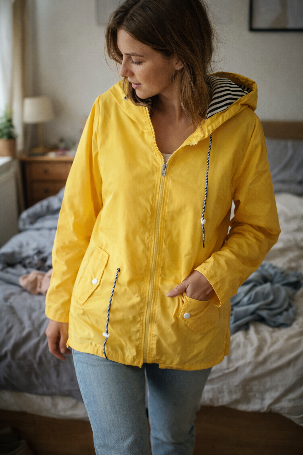 Women's Long Lightweight Rain Jacket with Hood and Drawstring
