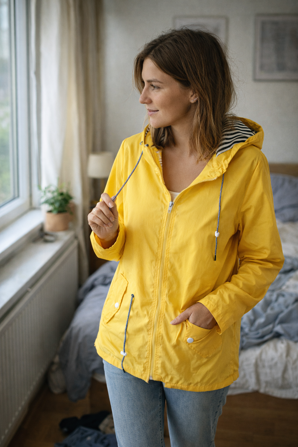 Women's Long Lightweight Rain Jacket with Hood and Drawstring
