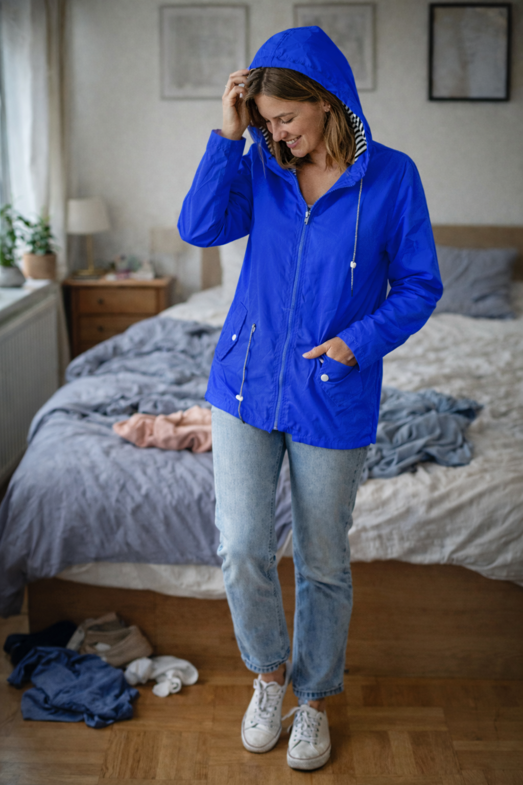 Women's Long Lightweight Rain Jacket with Hood and Drawstring