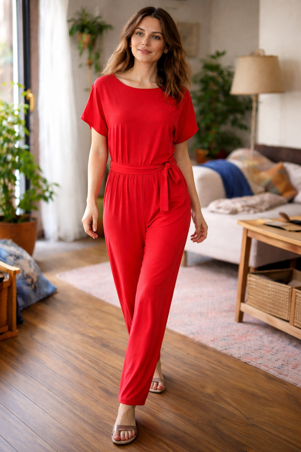 Women's Wide Leg Jumpsuit with Short Sleeves and Tie Belt
