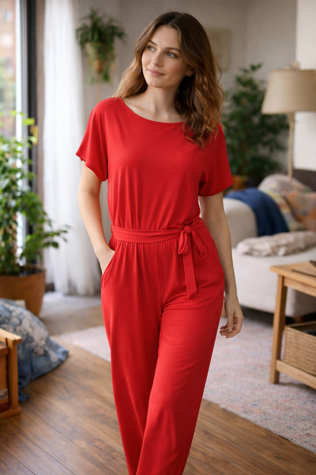 Women's Wide Leg Jumpsuit with Short Sleeves and Tie Belt