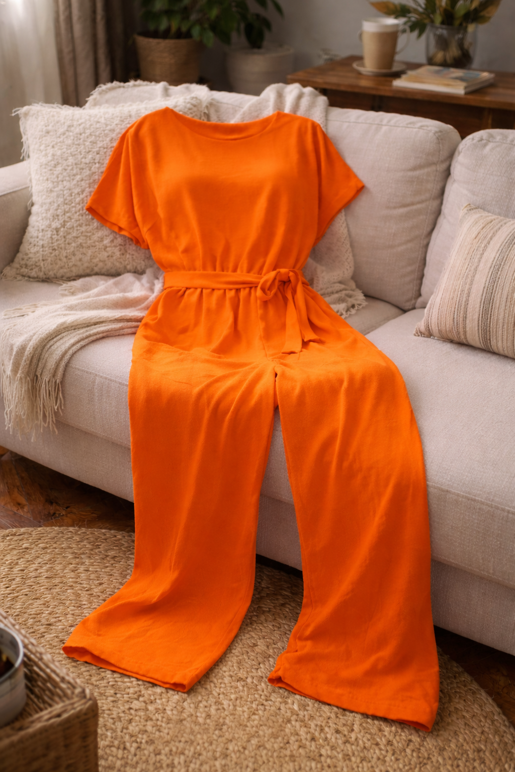 Women's Wide Leg Jumpsuit with Short Sleeves and Tie Belt