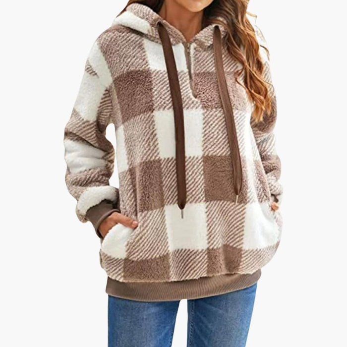 Women's Hooded Sweatshirt with Checkered Pattern and Kangaroo Pocket