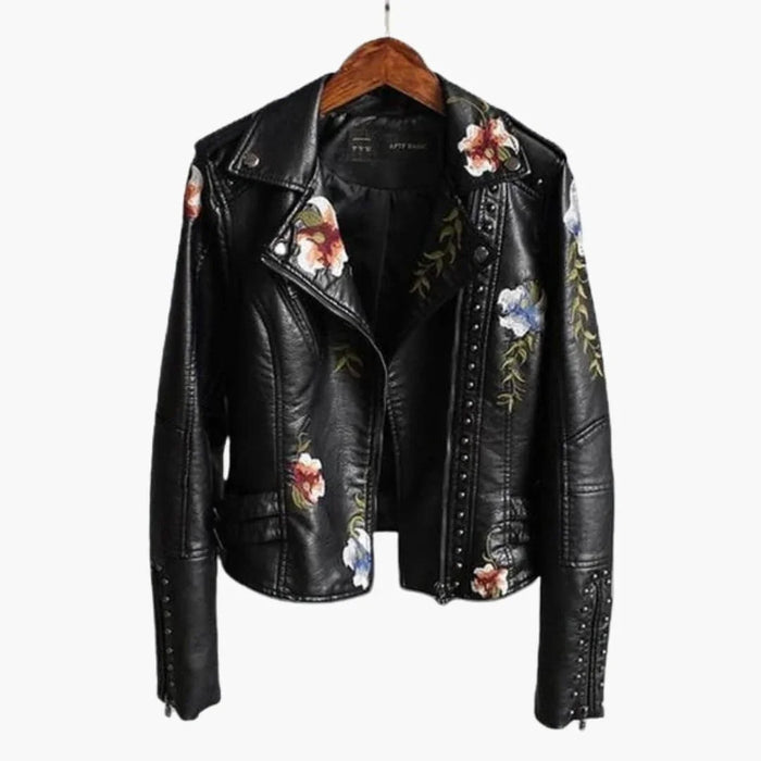 Veste de motard pour femme avec broderie florale et détails cloutés