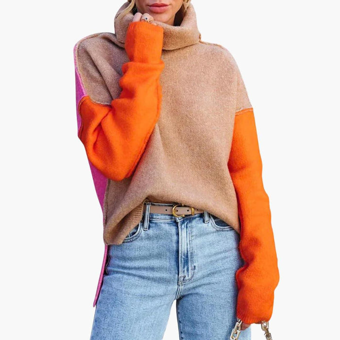 Maglione lavorato a maglia da donna color block con collo alto