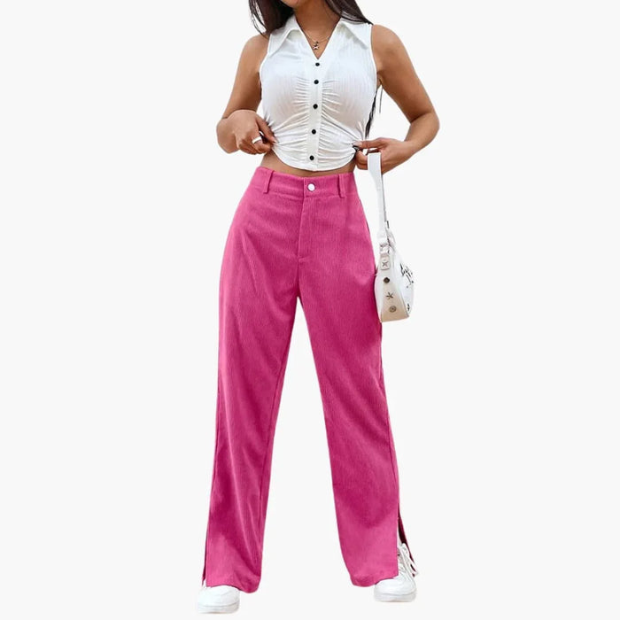 Pantalon en velours côtelé pour femme avec ceinture et jambes larges
