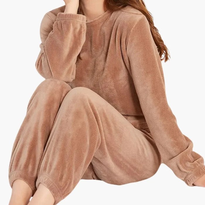 Damen-Fleece-Pyjama-Set mit Rundhalsausschnitt und elastischem Bund