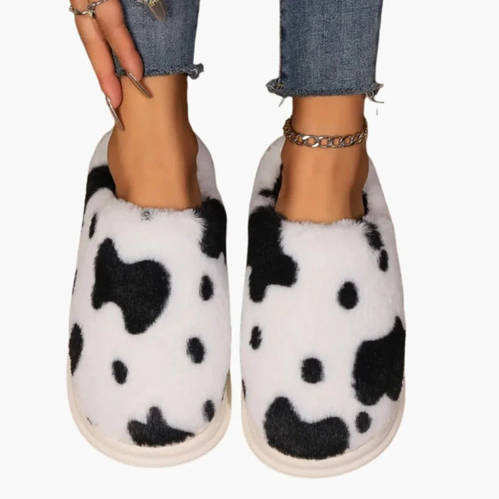 Women's Slippers with Cow Pattern and Plush Lining