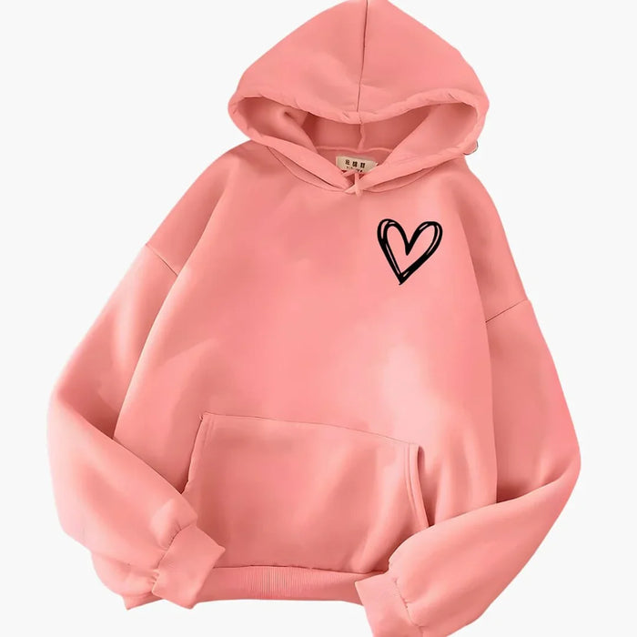 Women's Hoodie with Drawstring Hood and Heart Print