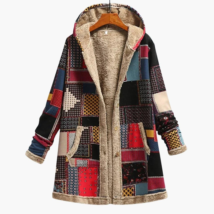 Veste femme à capuche, boutonnée, avec surface patchwork
