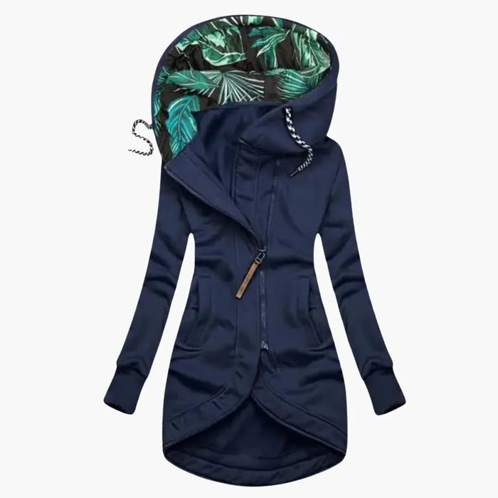 Veste femme à capuche avec fermeture zippée asymétrique et poches avant