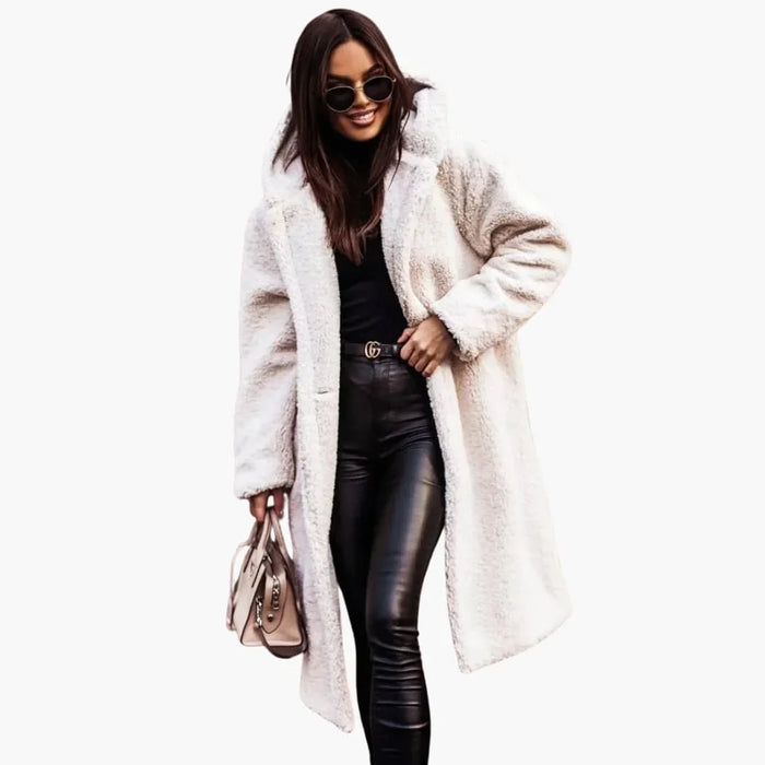 Cappotto lungo da donna con cappuccio e tasche laterali