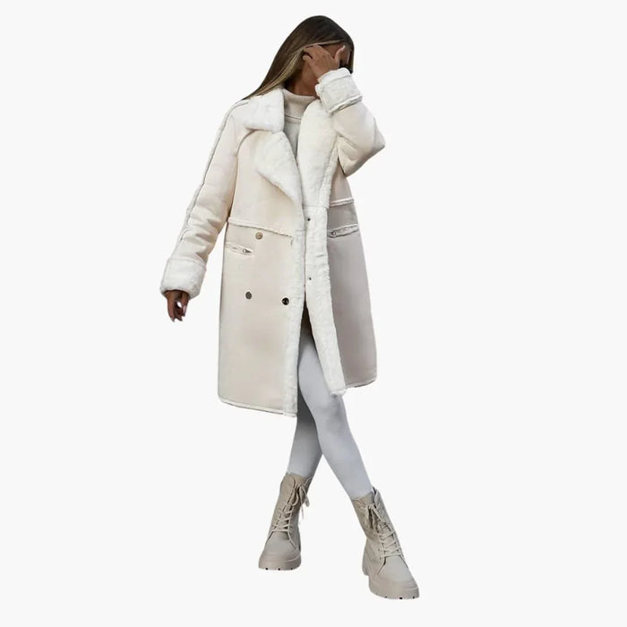 Women's Long Coat with Notched Collar and Front Button Closure