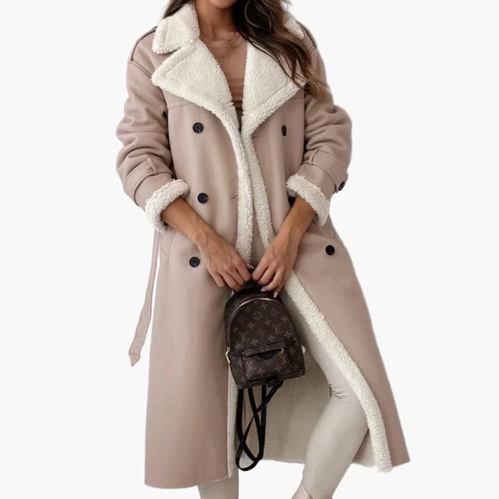 Manteau long femme avec col à revers et doublure en fausse fourrure