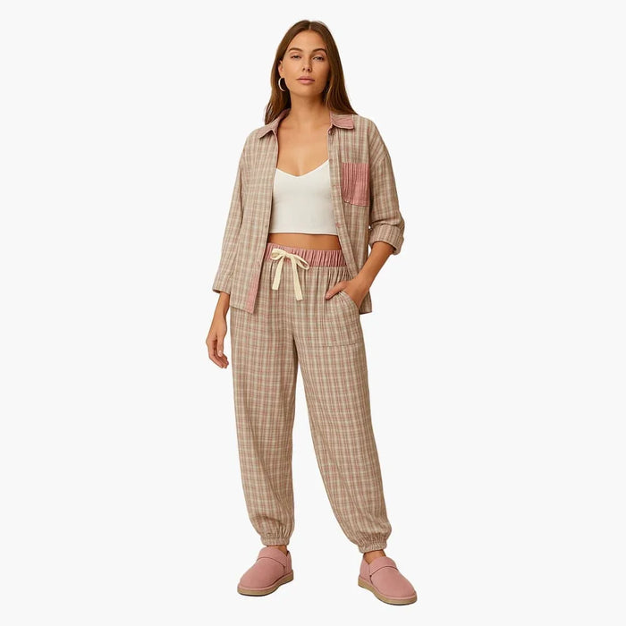 Completo pigiama da donna con camicia e pantaloni con coulisse
