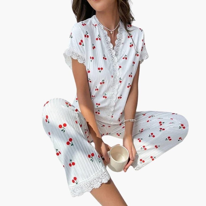 Ensemble de pyjama pour femmes avec patte de boutonnage et bordure en dentelle