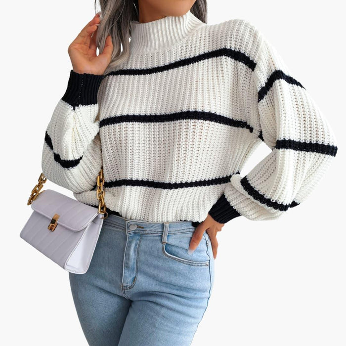 Damenstrickpullover mit Streifen und hohem Kragen