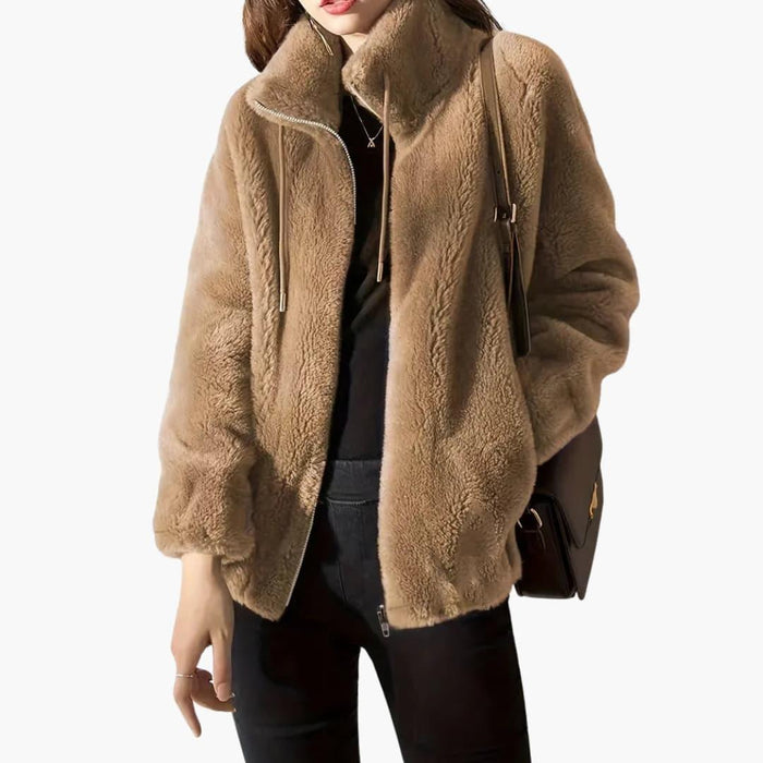 Women's Teddy Coat with Front Zipper and Adjustable Hem