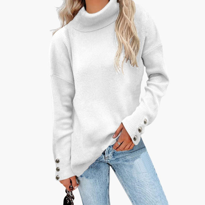 Pull pour femme à col roulé et poignets boutonnés