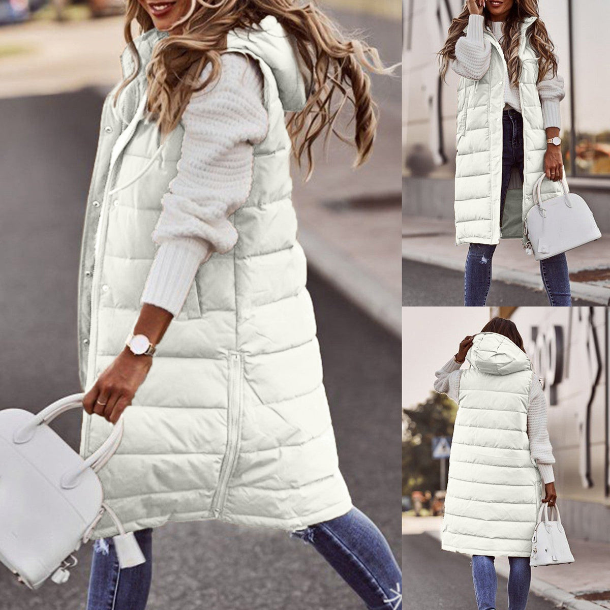 Women's Long Quilted Gilet with Hood and Pockets
