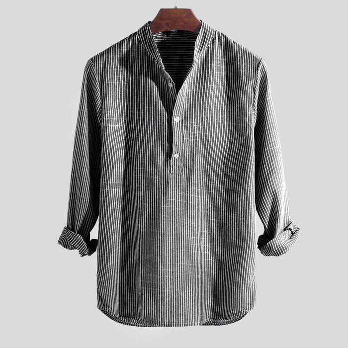 Men's Striped Band Collar Henley Shirt Long Sleeve