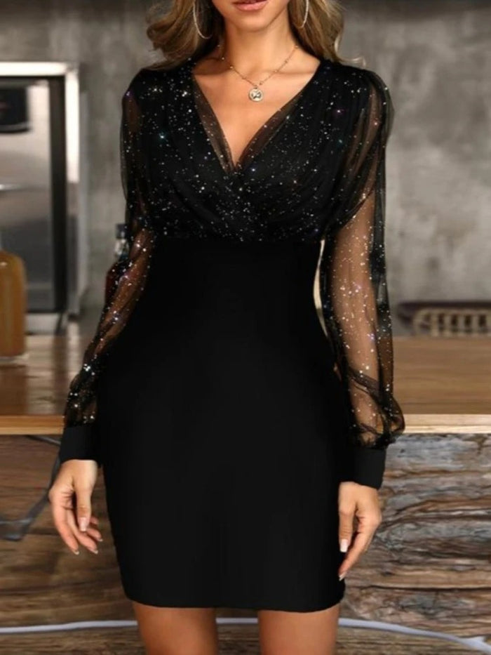 Elegant Glitter Mesh Bodycon Mini Dress for Women with Long Sleeves