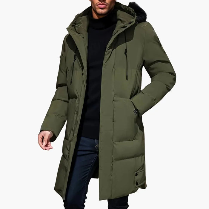 Men's Winter Jacket with Long Hem and Adjustable Hood