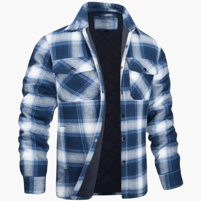 Men's Jacket with Check Pattern, Snap Buttons, and Quilted Lining