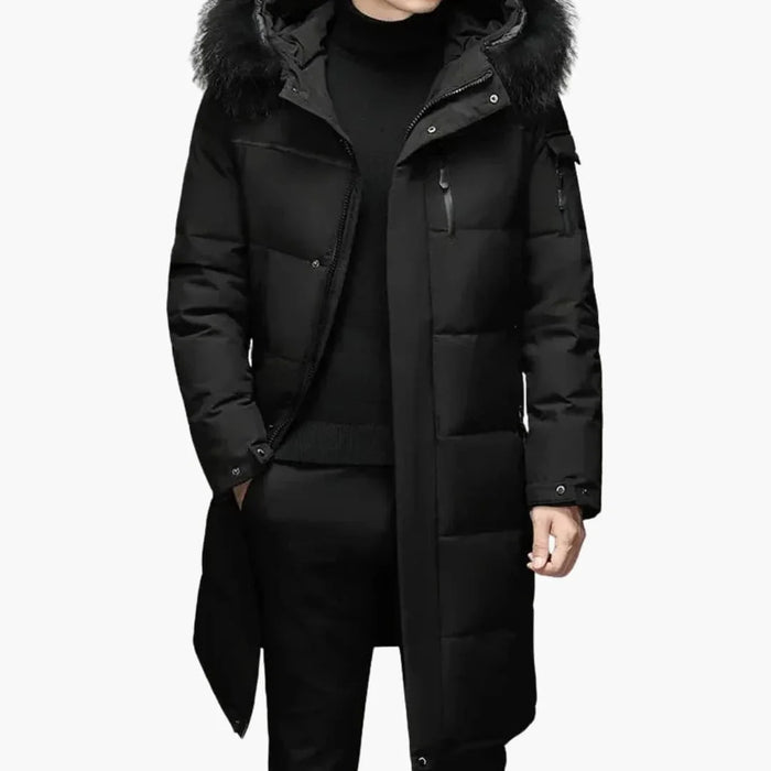 Men's Parka Jacket with Zipper and Faux Fur Hood