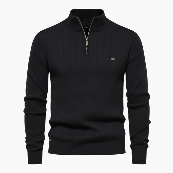 Men's Ribbed Knit Sweater with Half Zip and Stand-Up Collar