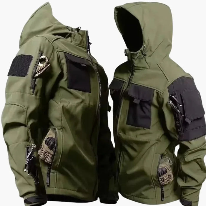 Giacca softshell da uomo con cappuccio e tasche multiple con cerniera