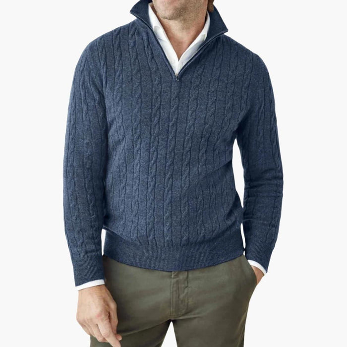 Men's Knit Sweater with Half Zip and Cable Pattern