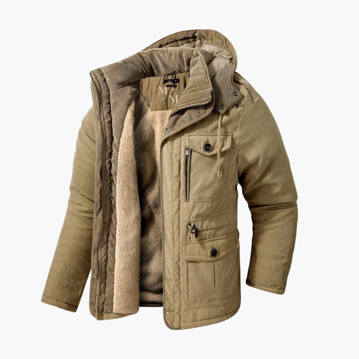 Men's Winter Jacket with Hood, Zipper, and Multiple Pockets