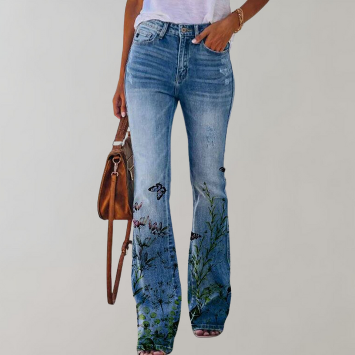 Jeans da donna a vita alta e gamba svasata con ricami floreali